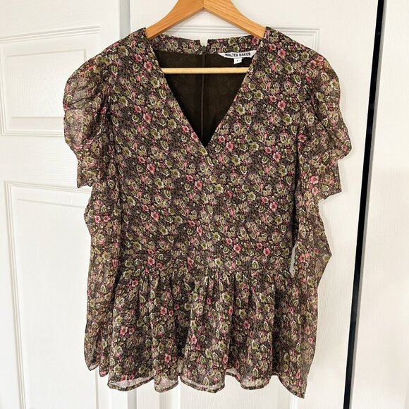 NWOT Walter Baker Rita Floral Wrap Peplum Top Brown Pink Green Size Large - Picture 3 of 12